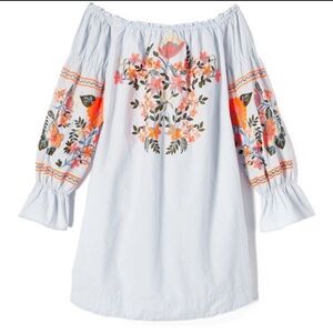 Free People adorable light denim, peasant blouse/dress with colorful embroidery